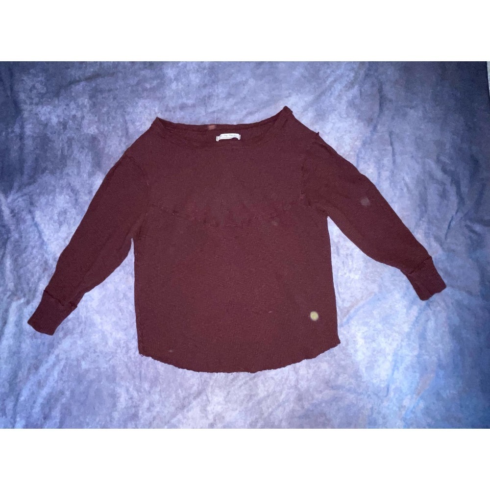 Free People Women Size S Maroon Cotton Cropped Oversize Relaxed Fit Knit Sweater